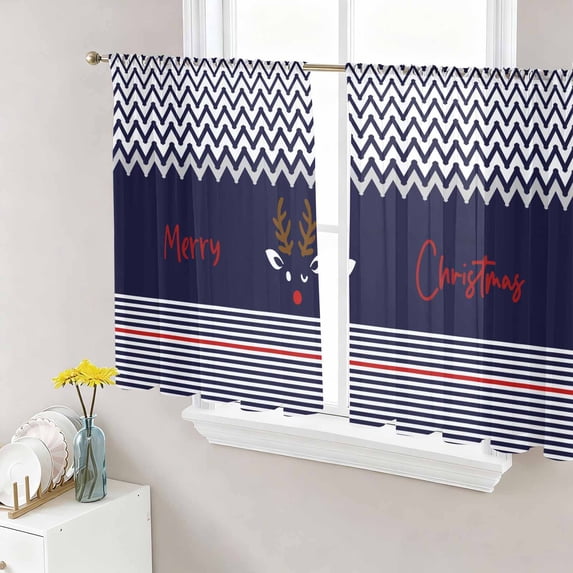 Christmas Sheer Curtains 54 Inch Length 2 Panels Set, Xmas Navy Blue Striped Farmhouse Voile Window Treatment Rod Pocket Short Kitchen Curtains Drapes for Bedroom 52"x54"x2