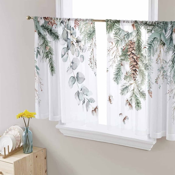 Christmas Sheer Curtains 54 Inches Length 2 Panels Set, Window Sheer Curtains for Living Room/Bedroom, Pinecone Eucalyptus Leaves Xmas Botanical Light Filtering Rod Pocket Curtain 52'' x 54'' x 2