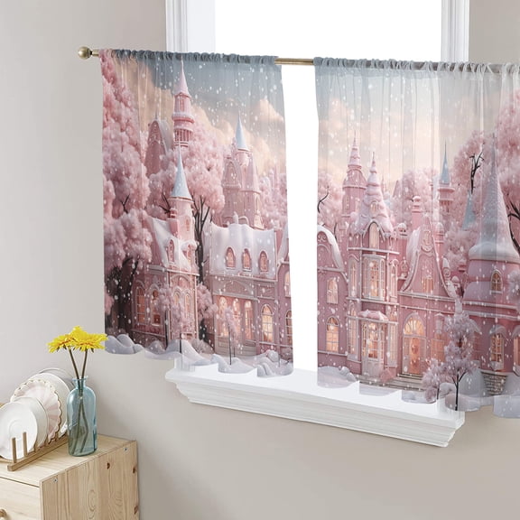 Christmas, Sheer Curtains 54 Inches Length 2 Panels Set, Window Sheer Curtains for Living Room/Bedroom, Romantic Forest Pink Snowman House Light Filtering Rod Pocket Curtain 52'' x 54'' x 2