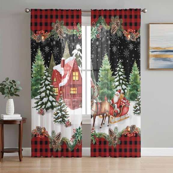 Christmas Sheer Curtains 63 Inch Length 2 Panels Set, Xmas Tree Reindeer Santa Claus Red Cottage Buffalo Plaid Voile Window Treatment Curtains Sheers Drapes for Bedroom/Living Room/Kitchen 52x"63"x2