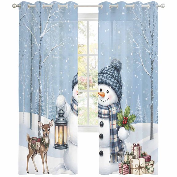 Christmas Sheer Curtains 63 Inch Long 2 Panels, Winter Scarf Snowman Deer Gifts Box Rustic Snow Forest Light Filtering Semi Sheer Drapes Grommet Voile Window Curtain for Living Bedroom W52 x L63