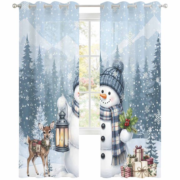 Christmas Sheer Curtains 63 Inch Long 2 Panels, Winter Scarf Snowman Deer Gifts Box Rustic Snow Pine Forest Light Filtering Semi Sheer Drapes Grommet Voile Window Curtain for Living Bedroom W42 x L63