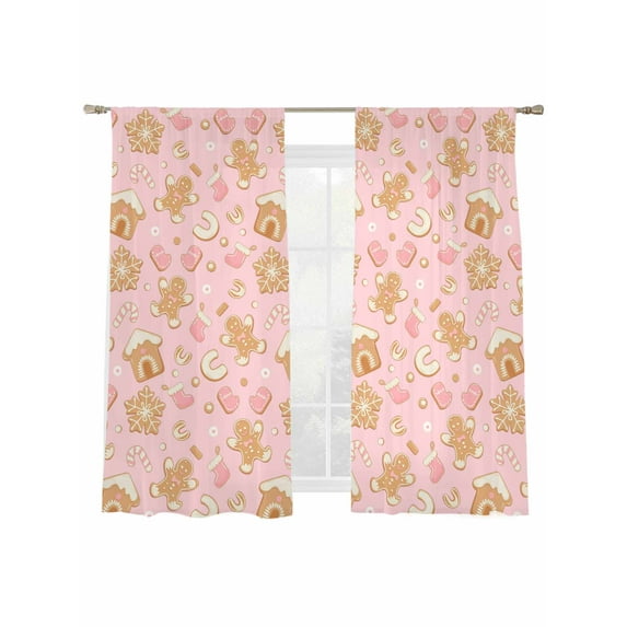 Christmas Sheer Curtains 63 inches Long, Pink Gingerbread Man Cookie House Candy Cane Snow Light Filtering Sheer Window Curtains Rod Pocket Voile Drapes for Bedroom Living Room, 2 Panels 52"W x 63"L