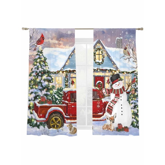 Christmas Sheer Curtains 63 inches Long, Xmas Snowman Truck Bird Pine Tree House Snow Scene Light Filtering Sheer Window Curtains Rod Pocket Voile Drapes for Bedroom Living Room, 2 Panels 52"W x 63"L