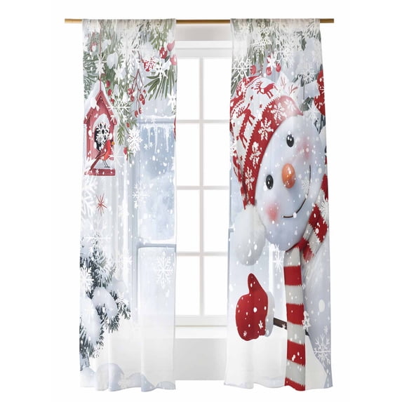 Christmas Sheer Curtains 84 Inch Long 2 Panels, Cute Red Snowman Xmas Pine Leaf Winter Snowflake Light Filtering Rod Pocket Semi Sheer Curtains, Sheer Voile Drapes for Living Room Bedroom, 52"x84"