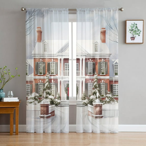 Christmas, Sheer Curtains 84 Inches Long 2 Panels Set, Window Sheer Curtains for Living Room/Bedroom, Winter Snowy House Modern Building Light Filtering Rod Pocket Curtain 52'' x 84'' x 2