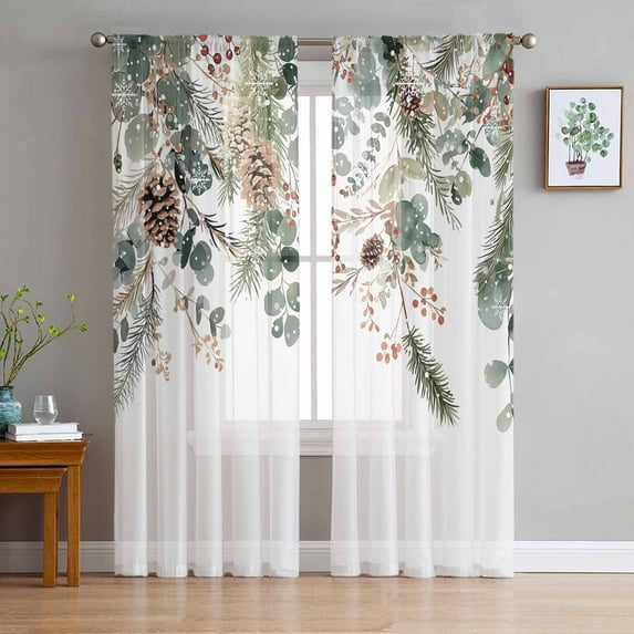 Christmas Sheer Curtains 84 Inches Long 2 Panels Set, Window Sheer Curtains for Living Room/Bedroom, Xmas Botanical Pinecone Eucalyptus Leaves Light Filtering Rod Pocket Curtain 52'' x 84'' x 2