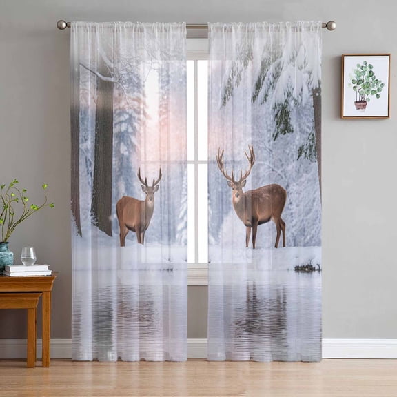 Christmas Sheer Curtains 84 Inches Long, Winter Elk Snowy Forest Sunset Natural Scenery Light Filtering Window Curtains for Living Room, Rod Pocket Voile Sheer Curtain Drapes, 52"Wx84"L, 2 Panels