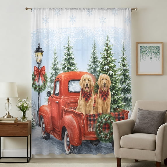 Christmas Sheer Curtains 84 Inches Long, Xmas Trees Truck Dogs Wreath Snowflake Farmhouse Light Filering Curtains, Breathable Simi Curtain Privacy Drapes for Living Room Bedroom Window Treatment