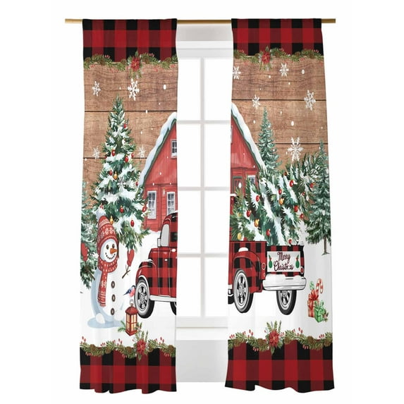 Christmas Sheer Curtains 96 Inch Long 2 Panels, Plaid Xmas Truck Snowman Farmhouse Pine Wood Grain Light Filtering Rod Pocket Semi Sheer Curtains, Sheer Voile Drapes for Living Room Bedroom, 52"x96"