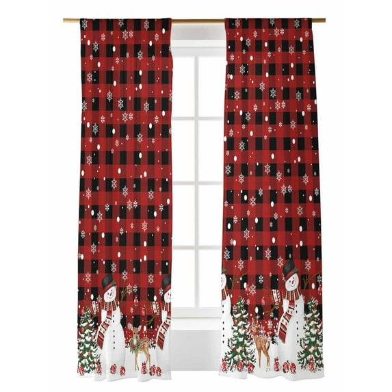 Christmas Sheer Curtains 96 Inch Long 2 Panels, Winter Snowman Xmas Tree Deer Snowflakes Red Plaid Light Filtering Rod Pocket Semi Sheer Curtains, Sheer Voile Drapes for Living Room Bedroom, 52"x96"