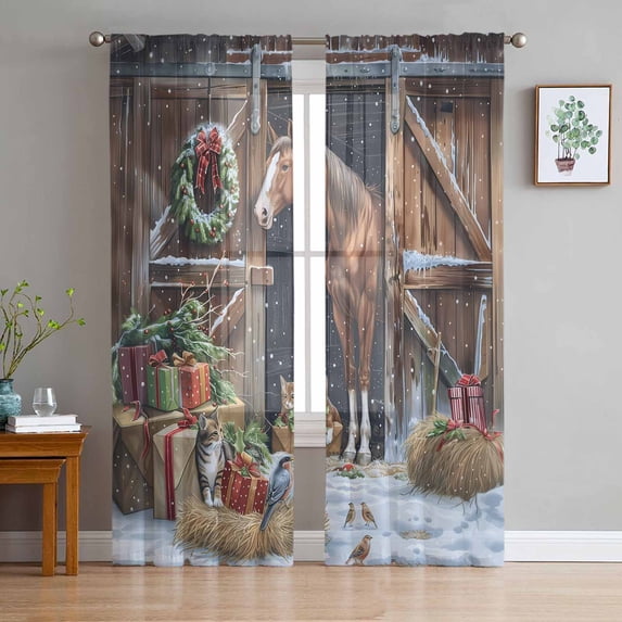 Christmas Sheer Curtains 96 Inches Long 2 Panels Set, Window Sheer Curtains for Living Room/Bedroom, Farmhouse Christmas Wreath Horse Winter Light Filtering Rod Pocket Curtain 52'' x 96'' x 2