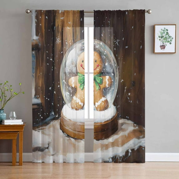 Christmas Sheer Curtains 96 Inches Long 2 Panels Set, Window Sheer Curtains for Living Room/Bedroom, Rustic Snowy Farmhouse Cottage Brown Light Filtering Rod Pocket Curtain 52'' x 96'' x 2