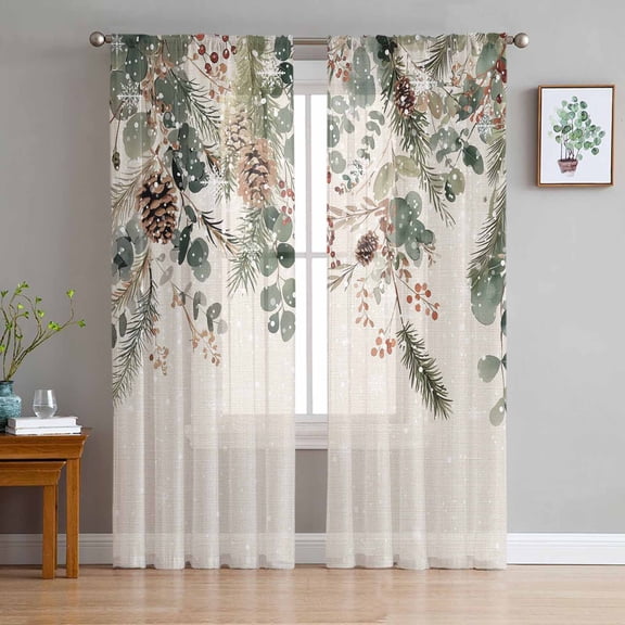 Christmas Sheer Curtains 96 Inches Long 2 Panels Set, Window Sheer Curtains for Living Room/Bedroom, Xmas Botanical Pinecone Eucalyptus Leaves Rustic Light Filter Rod Pocket Curtain 52'' x 96'' x 2
