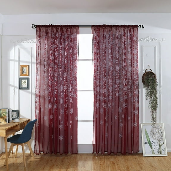 Christmas Sheer Curtains for Living Room, Silver Snowflake Foil Print Curtains, Wine Red Christmas Curtains 79 Inch Length 1 Panel, Christmas Rod Pocket Window Curtains, 31.5" W x 79" L
