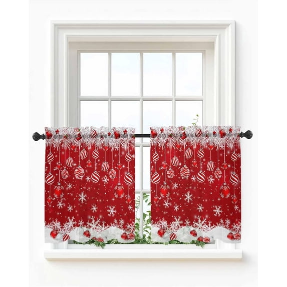 Christmas Sheer Kitchen Tier Curtains 24 inch length, Red Christmas Ball Small Half Curtains, Snowflake Sparkle Snow Rod Pocket Vanlance Xmas Winter Red Short Cafe Window Treatments 27.5"x24" 2 Panel