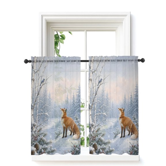 Christmas Sheer Window Curtains 45 Inch Length,Rod Pocket Curtains for Bedroom Living Room Winter Forest Fox Pine Trees Branches Birds Snowy Voile Kitchen Tier Curtains & Drapes 42"x45" 2 Panels