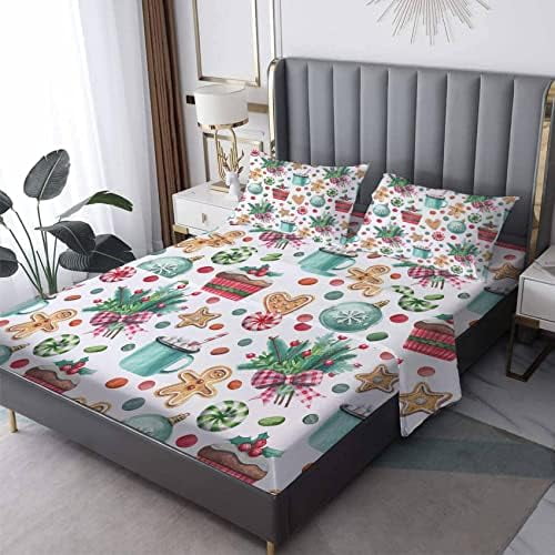 Christmas Sheets King Size Gift Printed Bedding Set 4 Piece Deep