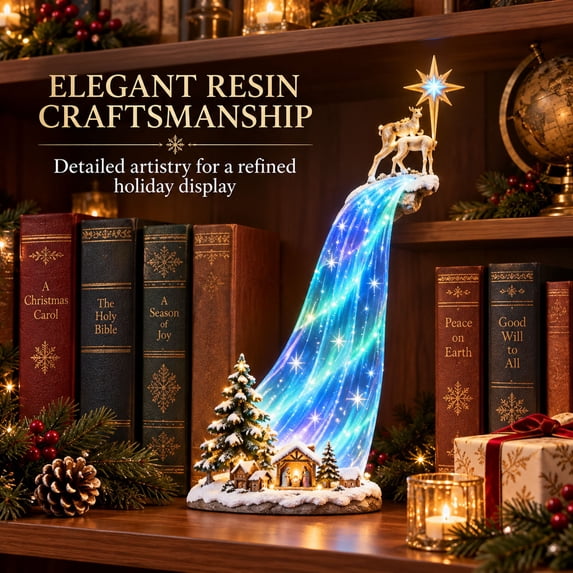 Christmas Shelf-Edge Lighted Scene Decor, Glowing Holiday Shelf Display for Christmas, Magical Waterfall String Light Christmas Tabletop & Bookshelf Decor for Cabinet & Fireplace (D)