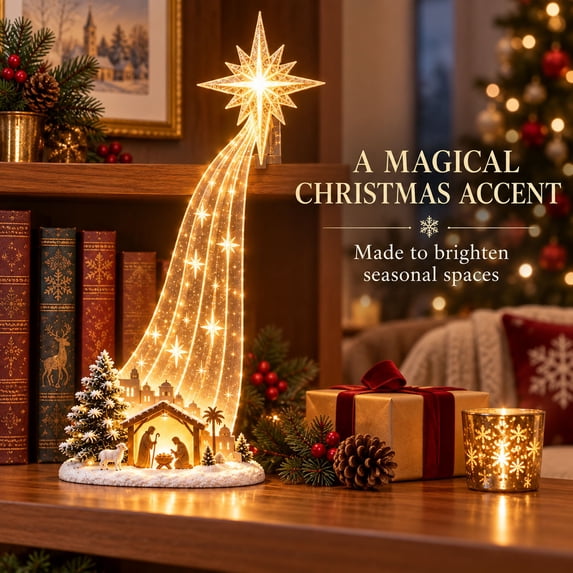 Christmas Shelf-Edge Lighted Scene Decor, Glowing Holiday Shelf Display for Christmas, Magical Waterfall String Light Christmas Tabletop & Bookshelf Decor for Cabinet & Fireplace (C)