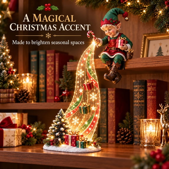 Christmas Shelf-Edge Lighted Scene Decor, Glowing Holiday Shelf Display for Christmas, Magical Waterfall String Light Christmas Tabletop & Bookshelf Decor for Cabinet & Fireplace (E)