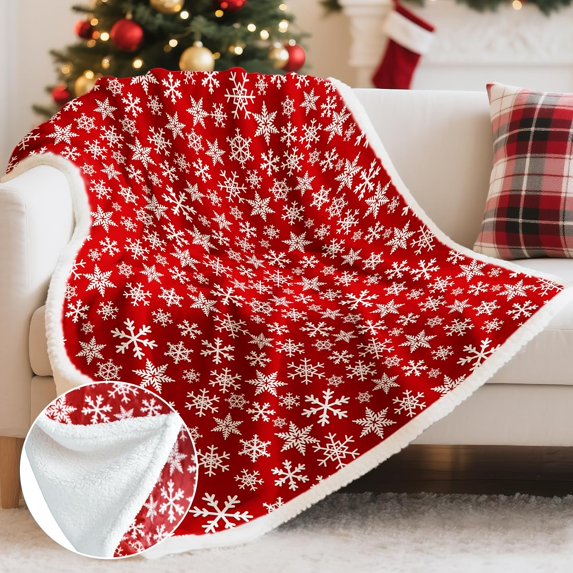 Christmas Sherpa Blanket - 50x60 Inch Red Snowflake Fleece Throw Blanket for Couch, Bed, Teens Adults Women, Festive Christmas Decoration & Warm Cozy Blanket