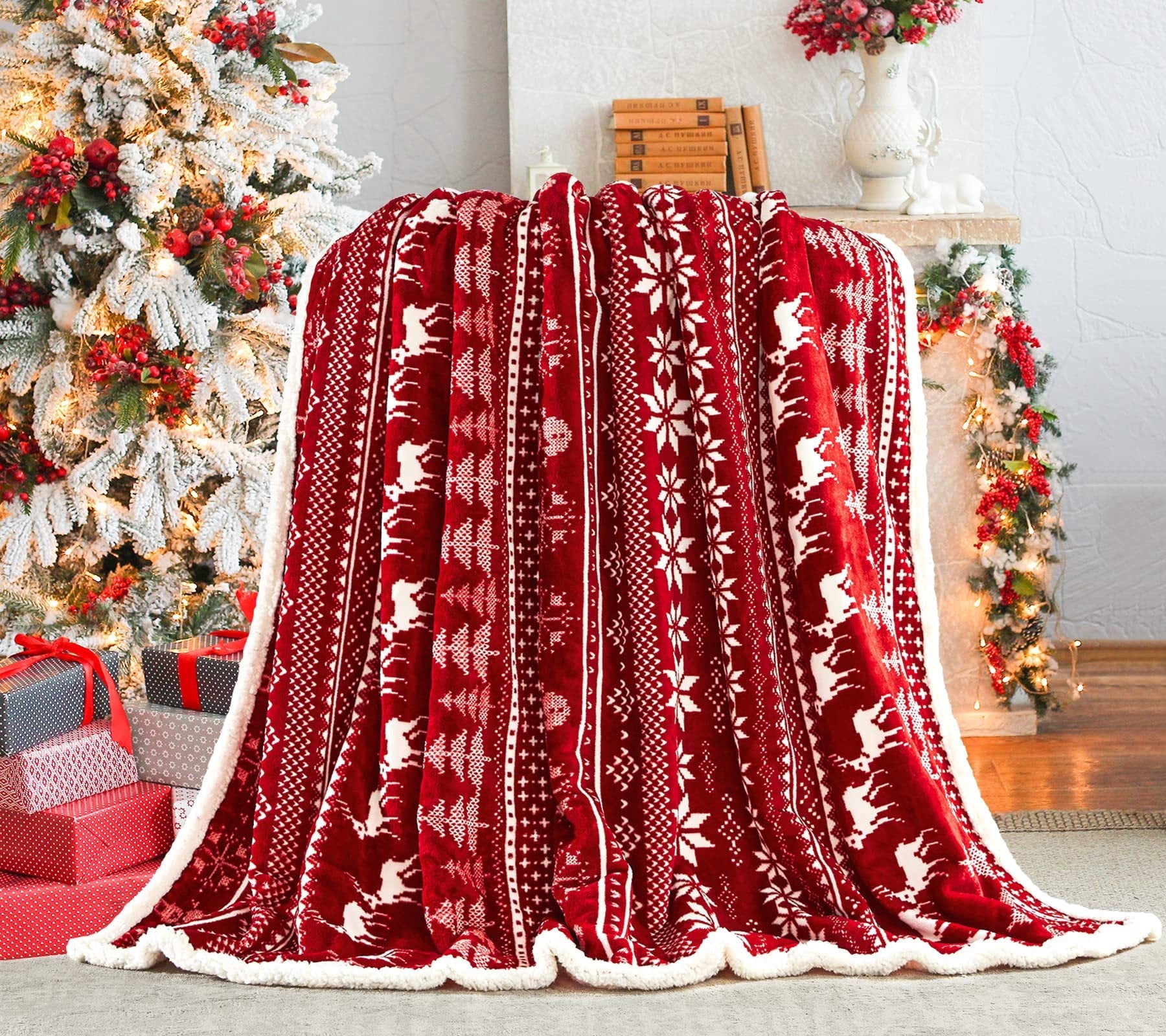 Red Snowflake Pattern Print Hooded Blanket