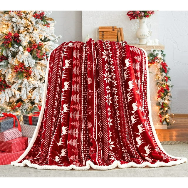 Christmas Sherpa Throw Blanket, Red Snowflake Decoration, Fleece, Plush
