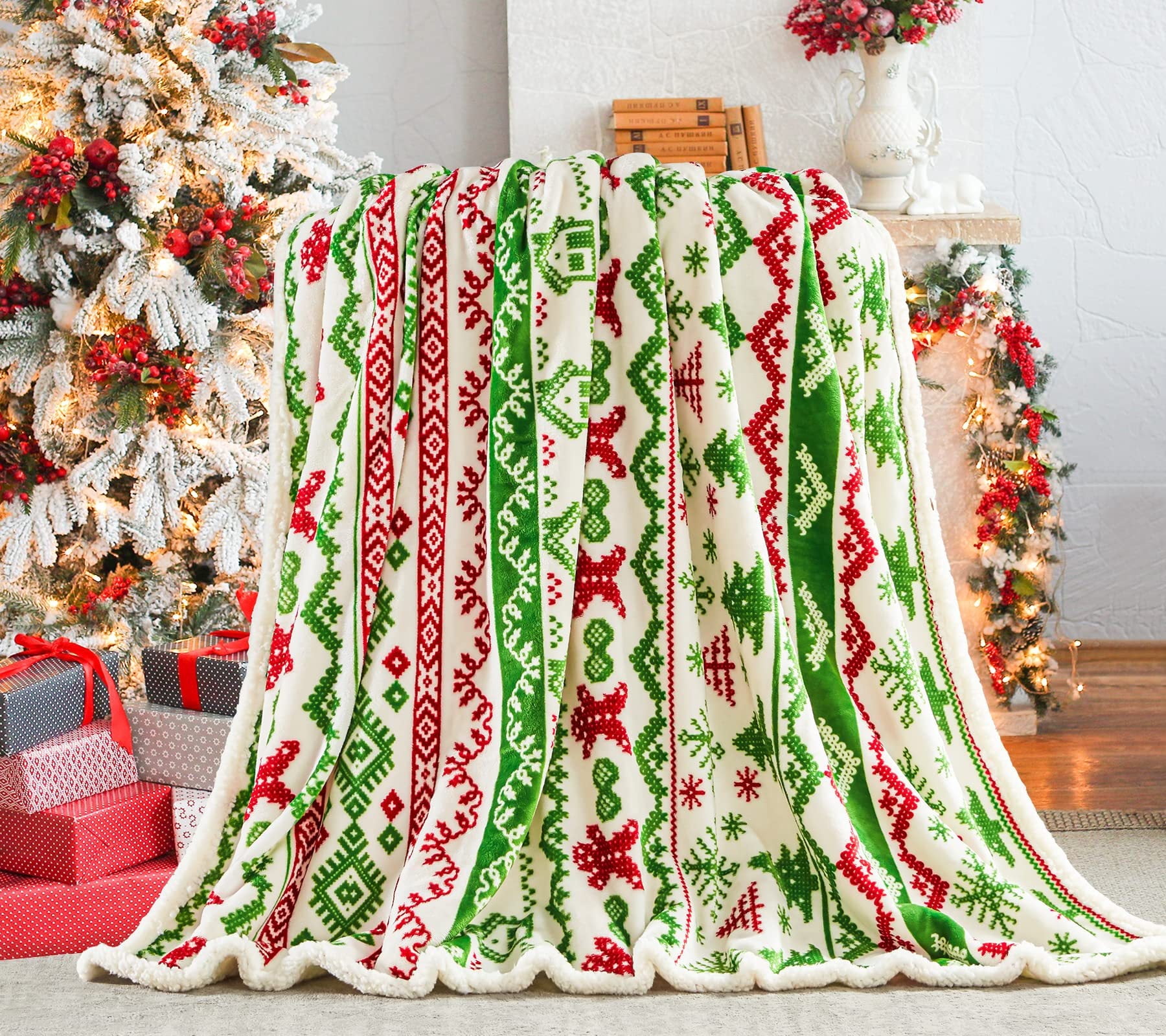 Red and White Sherpa Fleece Reversible Christmas Throw Blanket 50" x 60"