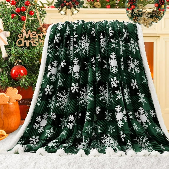 Christmas Sherpa Throw Blanket Super Soft Flannel Fleece Blanket for Bed Sofa Couch Thick Winter Holiday Warm Cozy Christmas Decorative Blanket 50''''x60'''', Green Snowflake
