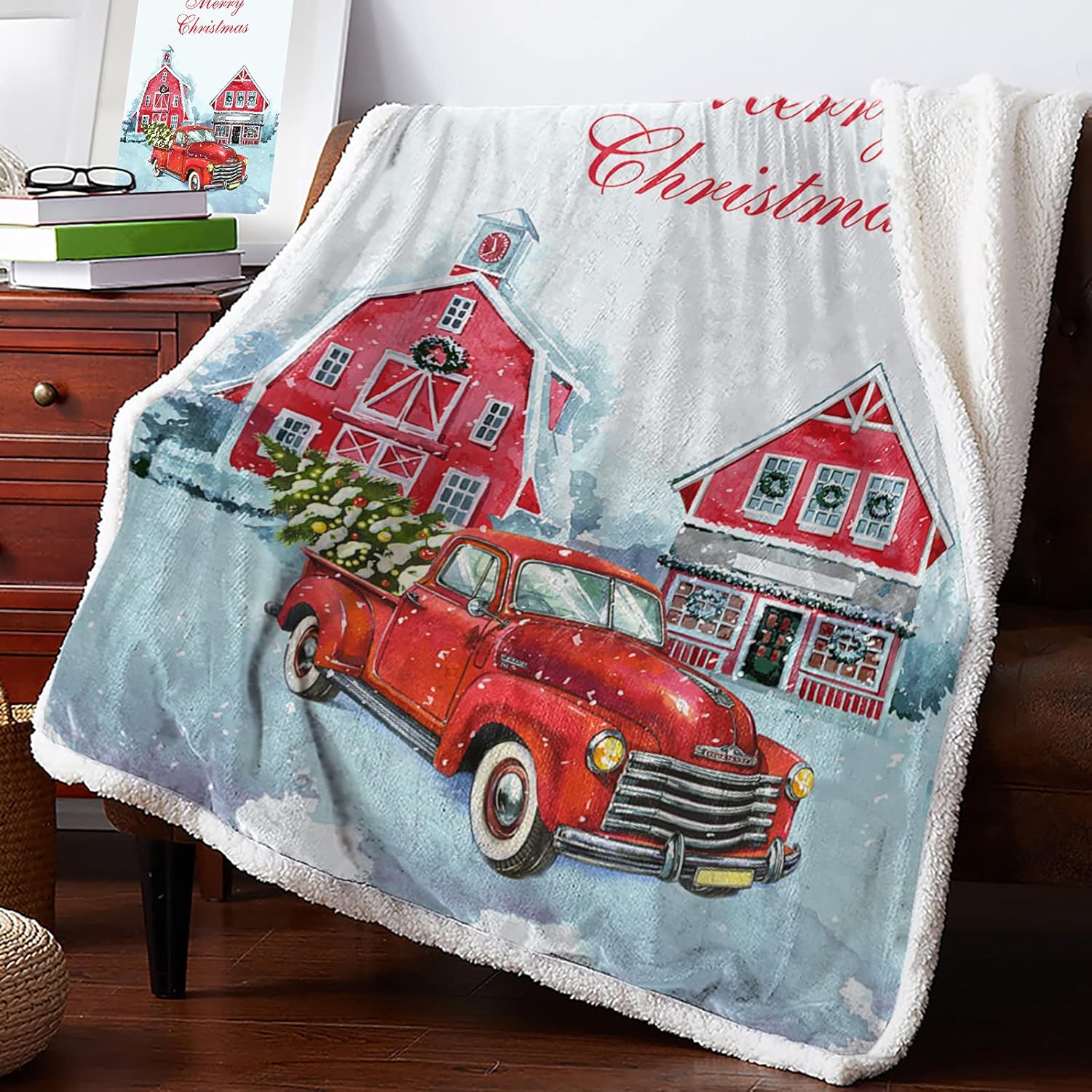 Christmas Sherpa Throw Blankets Retro Red Truck wi Tree Flannel Fleece