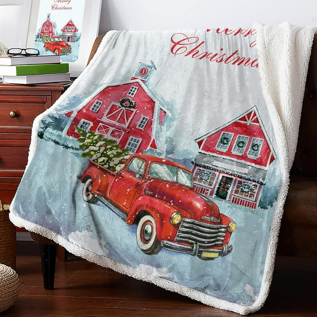 Christmas Sherpa Throw Blankets Retro Red Truck wi Tree Flannel Fleece