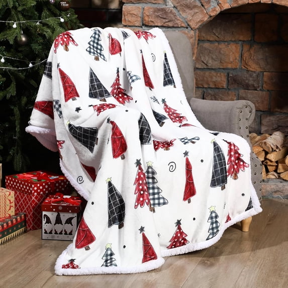 Christmas Sherpa Throw Christmas Tree Fleece Blanket 50 x 60 Inch Winter Xmas Plaid Tree Reversible Microfiber Blanket Holiday Decorative Soft Ultra Blankets for Gift Couch Bed