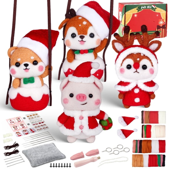 Christmas Shiba Inu and Piggy Needle Felting Kit. Wizardi DIY Wool Craft Kit F07N8-Z-12