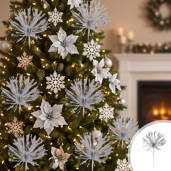 Christmas Shimmer Decorative Spray Pick, Shimmer Holiday Decorative Branch Accent, Christmas Wreath Centerpiece Branch Decor, Flexible Tassel Seasonal Spray Decoration for Vase and Mantel, Silver