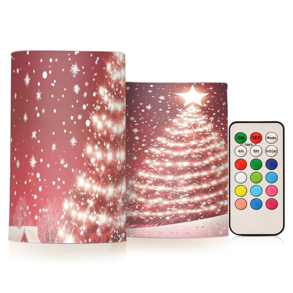 Christmas Shining Tree Flickering Flameless Candles Battery Operated with Remote Timer LED Pillar Candles Set of 2