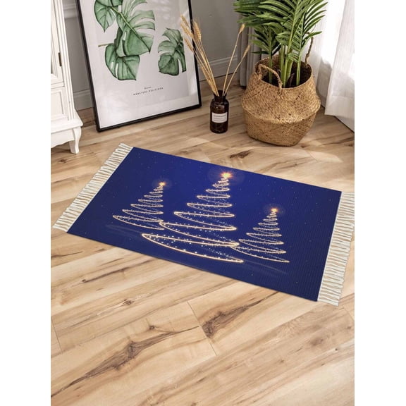Christmas Shinny Tree Bath Rug 2x3ft Woven Bathroom Entryway Runner Rug,Xmas Light Stars Abstract Blue Washable Living Room Hallway Bedroom Kitchen Carpet with Tassels,Indoor Outdoor Throw Doormat