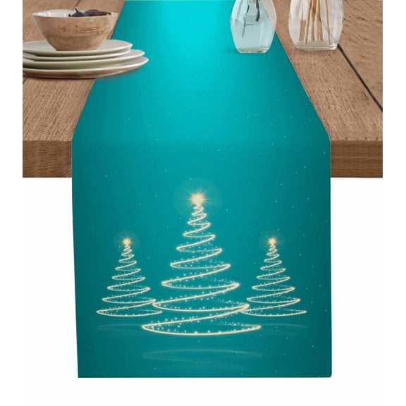 Christmas Shinny Tree Table Runner 108 Inches, Xmas Light Stars Abstract Turquoise Bed Runner Dresser Scarves Tabletop for Indoor Outdoor Parties/Ceremony/Banquet, 13"x 108"