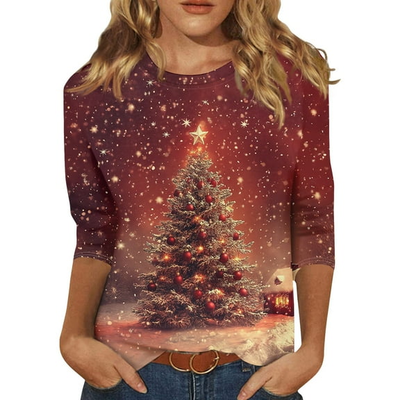 Christmas Shirt - Crewneck 3/4 Sleeve Christmas Tree Women Tops 00D Red