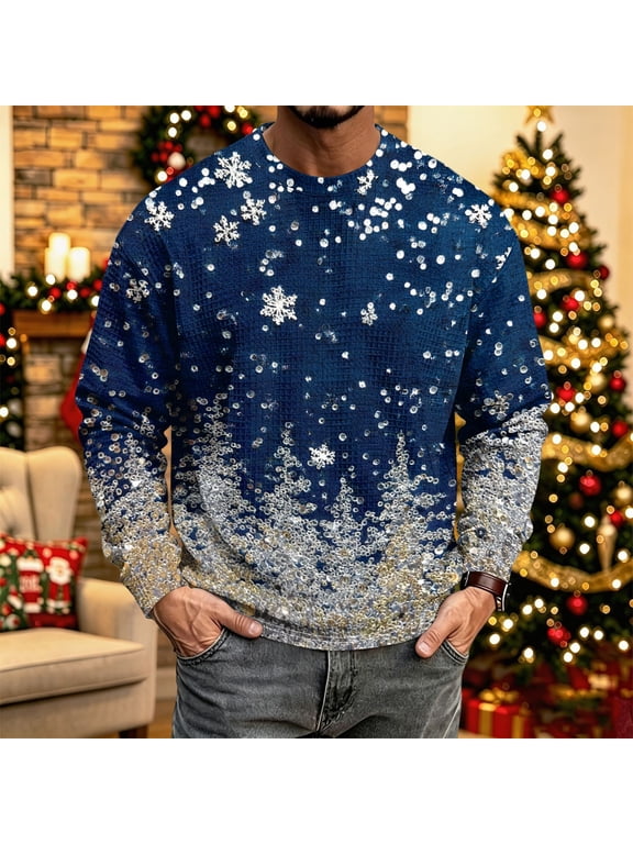Christmas Shirt Men Funny Holiday Crewneck Christmas Graphic Tshirts Fall Waffle Knit Long Sleeve Casual Pullover Vintage Tops,Royal Blue,S