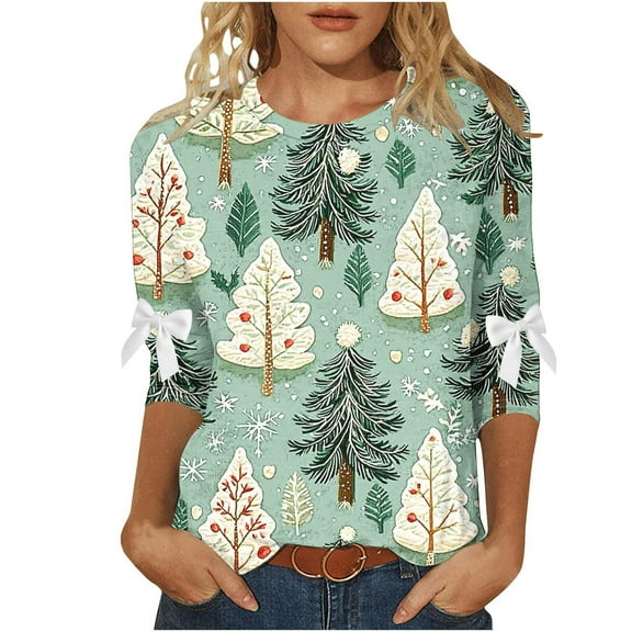 Christmas Shirt Women Bow Blouse Led Light Print Casual 3/4 Sleeve Tops Holiday Pullover Sparkle Party Winter Tee