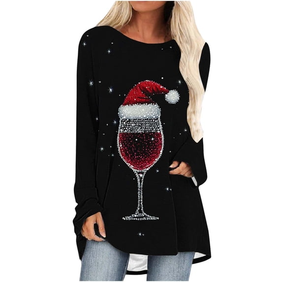 Christmas Shirt Womens Casual Long Sleeve Funny Xmas Glass Cup Printed Oversized Crewneck Loose Christmas Pullover