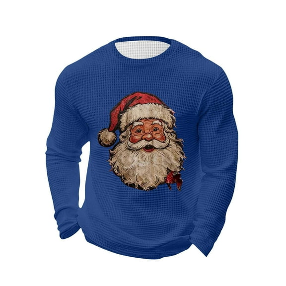 Christmas Shirt for Men Long Sleeve Crewneck Santa Printed Pullover Elasticity Tops Blue S