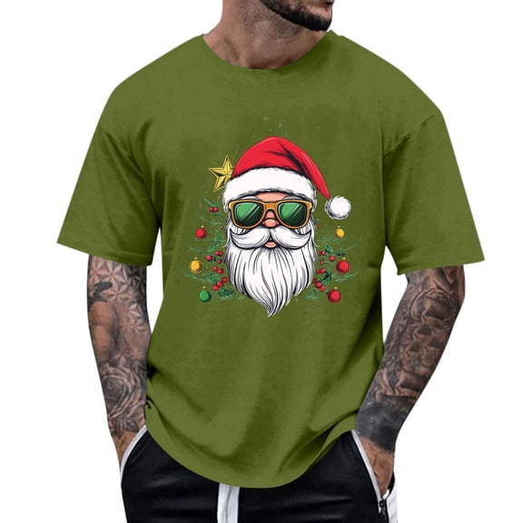 Christmas Shirt for Men Short Sleeve Crewneck Santa Print Pullover Top Olive Green S