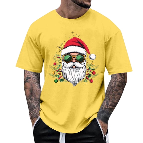 Christmas Shirt for Men Short Sleeve Crewneck Santa Print Pullover Top Yellow S