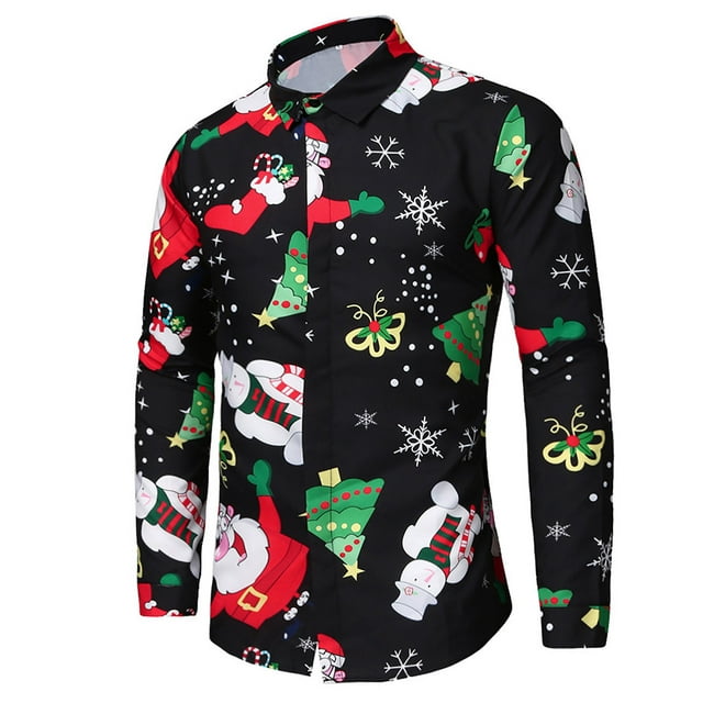 Christmas Shirt for Men's Santa Claus Dress Shirt Snowman Reindeer Long ...