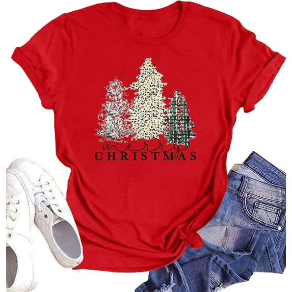Christmas Shirt for Women Christmas Tree Graphic T-Shirts Believe Letter Print Tees Holiday Tops