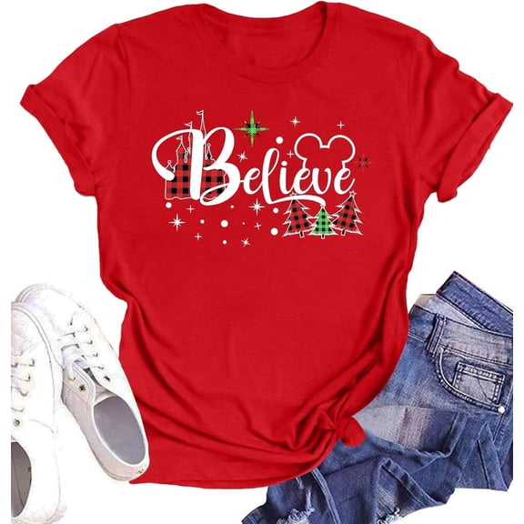 Christmas Shirt for Women Christmas Tree Graphic T-Shirts Believe Letter Print Tees Holiday Tops