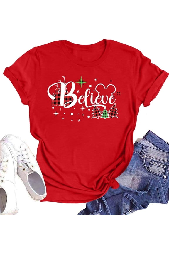 Christmas Shirt for Women Christmas Tree Graphic T-Shirts Believe Letter Print Tees Holiday Tops