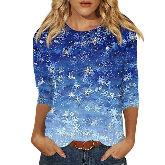 Christmas Shirts - Crewneck 3/4 Sleeve Christmas Snowflake Women Tops 00F Blue